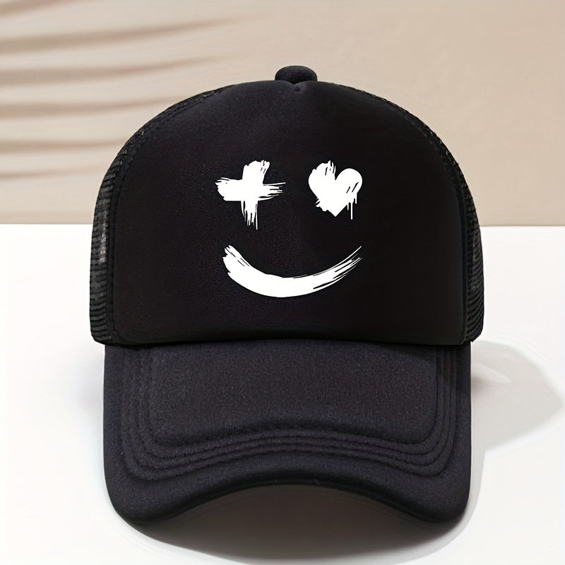 Smiling Face Print Trucker Hat Mesh Breathable Solid Casual Baseball Cap