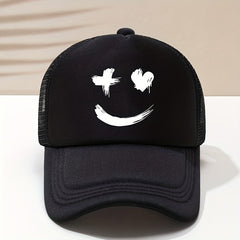 Smiling Face Print Trucker Hat Mesh Breathable Solid Casual Baseball Cap
