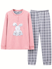 Bunny Print Pajama Set Long Sleeve Top & Plaid Pants