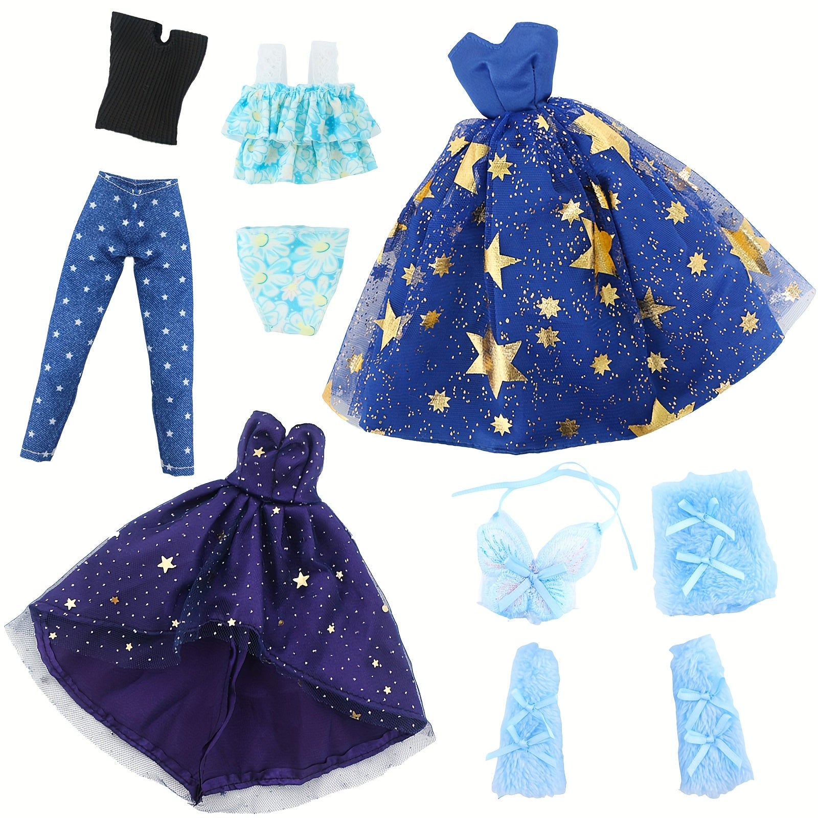 5pc 11.5in Girl Doll Clothes Set: Princess Dresses, Skirts, Outfits, Swimsuits