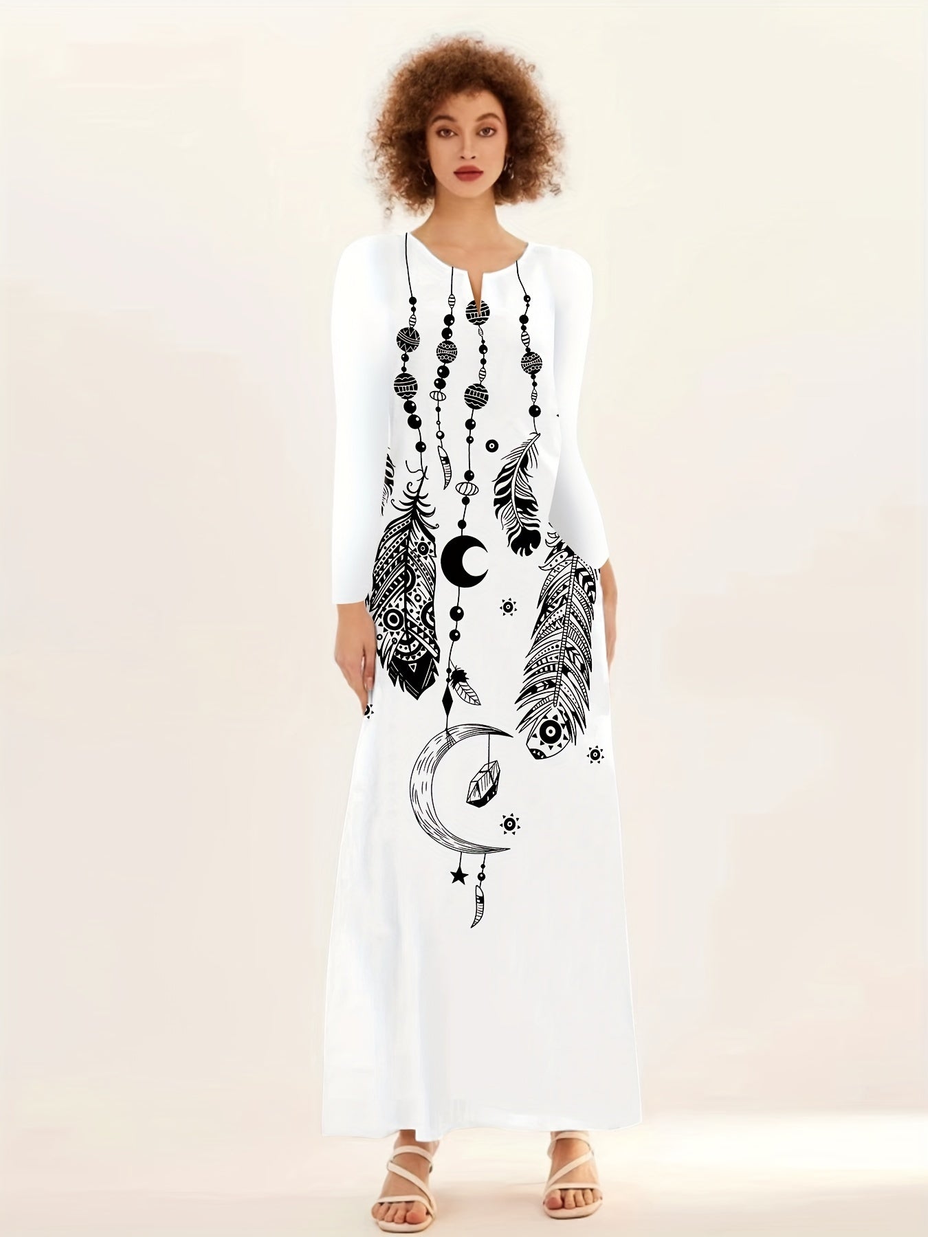 Feather Print V Neck Long Dress for Women