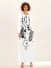 Feather Print V Neck Long Dress for Women