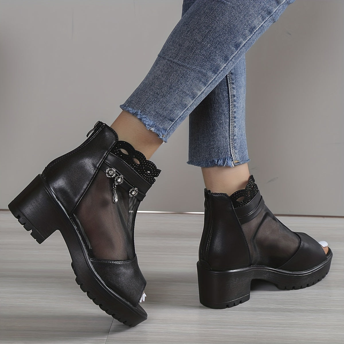 Women's Rhinestone Mesh Block Heel Boots