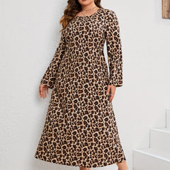 Women's Plus Leopard Print Long Sleeve Round Neck Maxi Dress