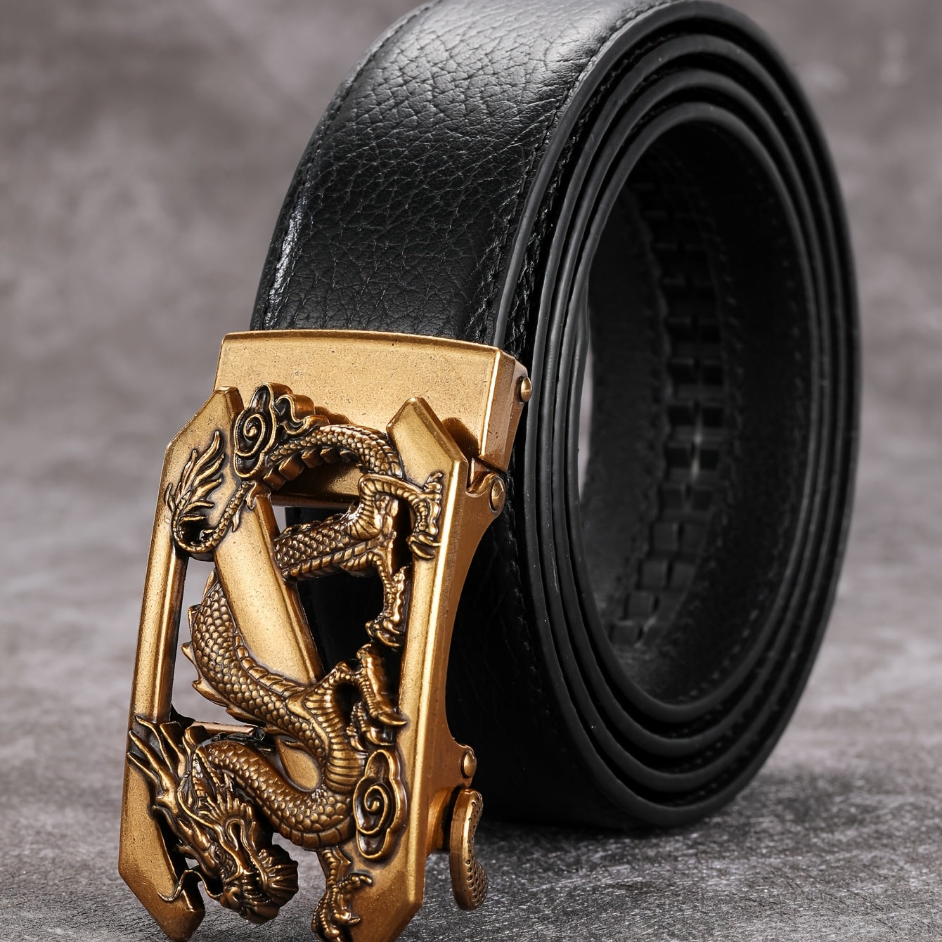 Vintage Men's Belt Golden Dragon Pattern Automatic Buckle
