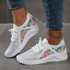 Women's Rhinestone & Leaf Decor Sneakers Lace Up Low Round Toe