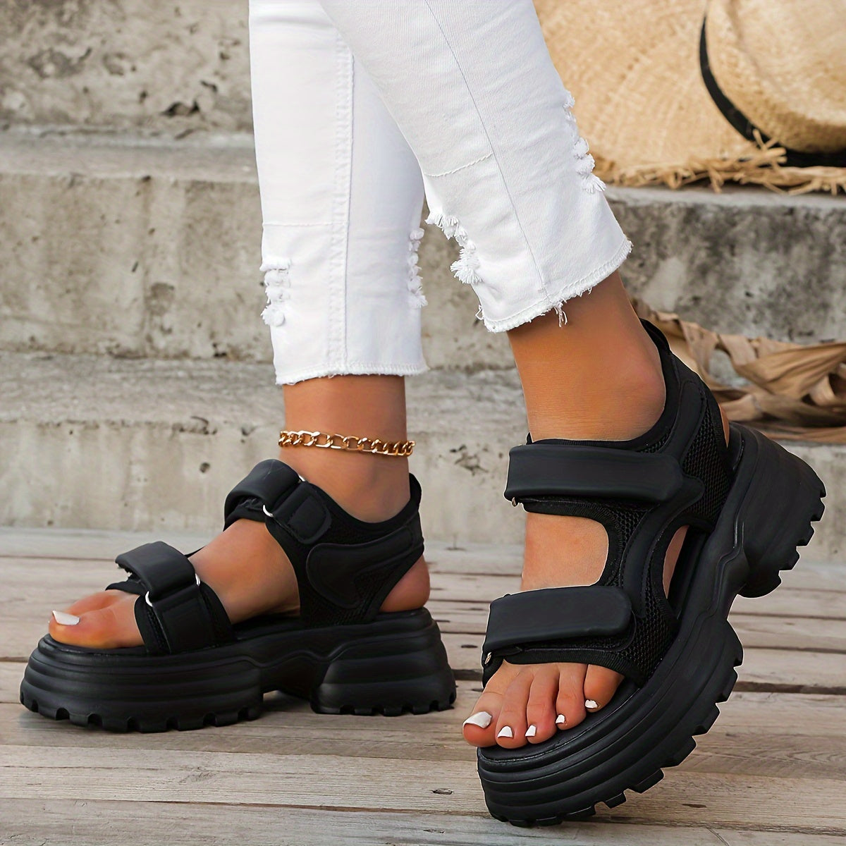 Women's Solid Heighten Sports Sandals Hook & Loop Fastener Slippers
