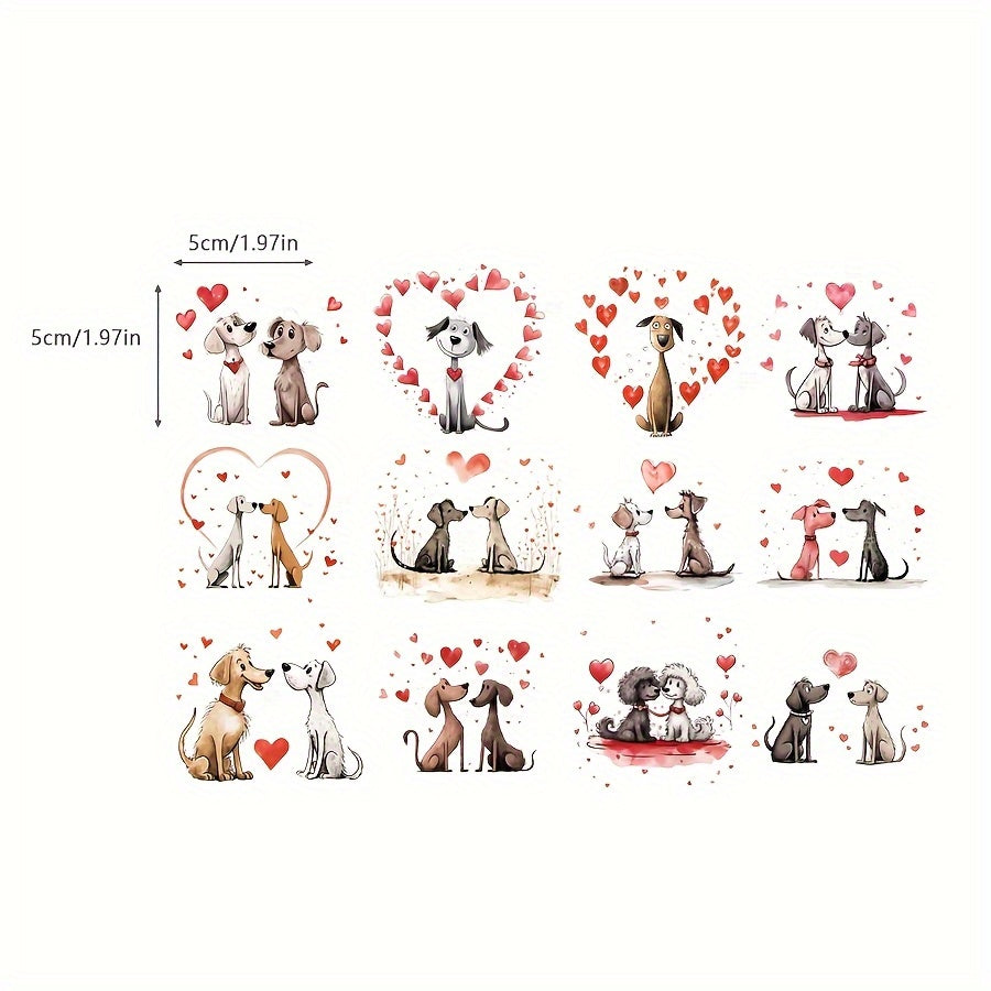 12pcs UV DTF Couple Dog Transfer Stickers Romantic Dogs in Love Hearts Couples