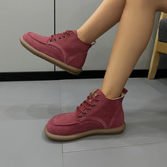 Women's Lace-up Front Flat Ankle Boots with Letter Patched