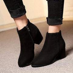 Women's Suede Short Boots Block Heel Round Toe Side Zipper Shoes