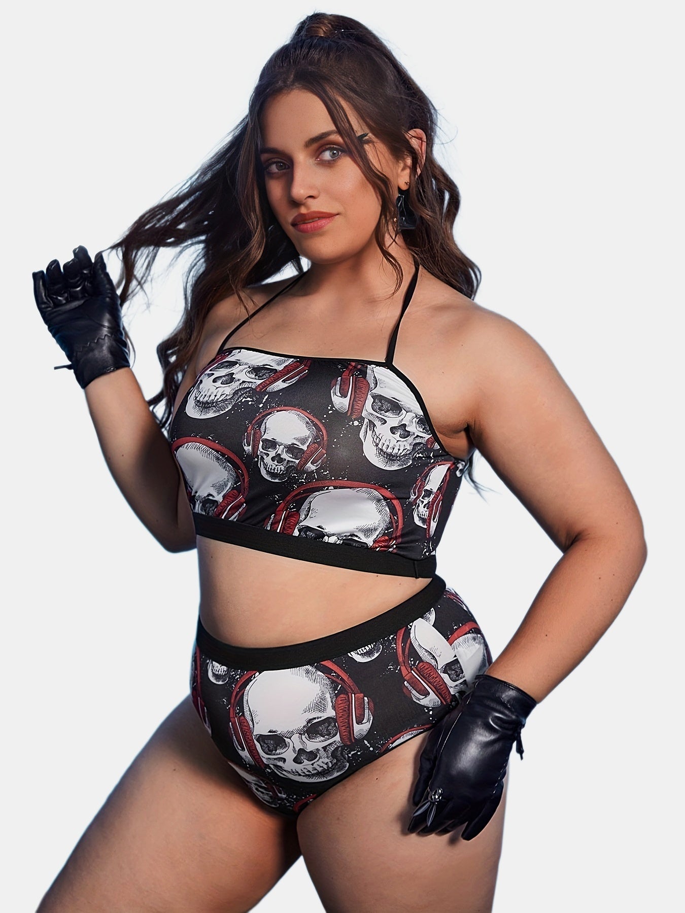 Plus Gothic Skull Halter Bra & High Rise Panty 2pcs Set