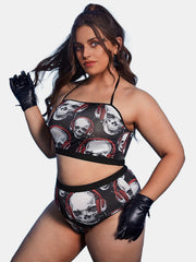 Plus Gothic Skull Halter Bra & High Rise Panty 2pcs Set