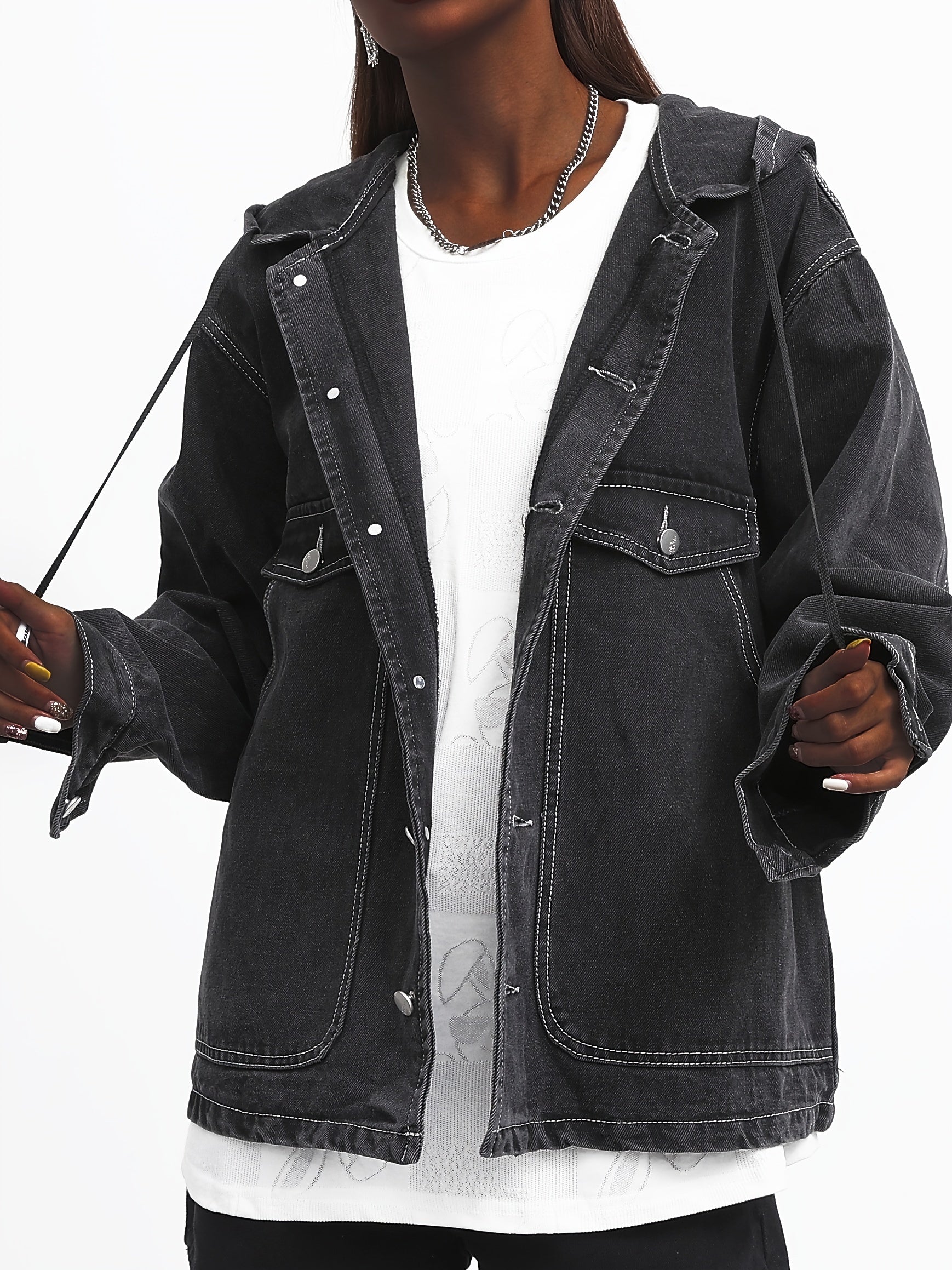 Solid Hooded Denim Jacket with Pockets