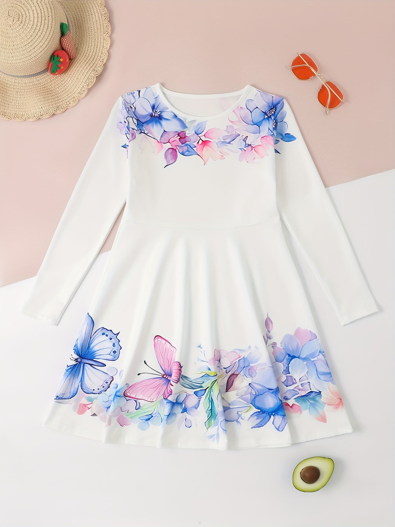 Girls Flower Print Long Sleeve Dress for Spring Fall Party