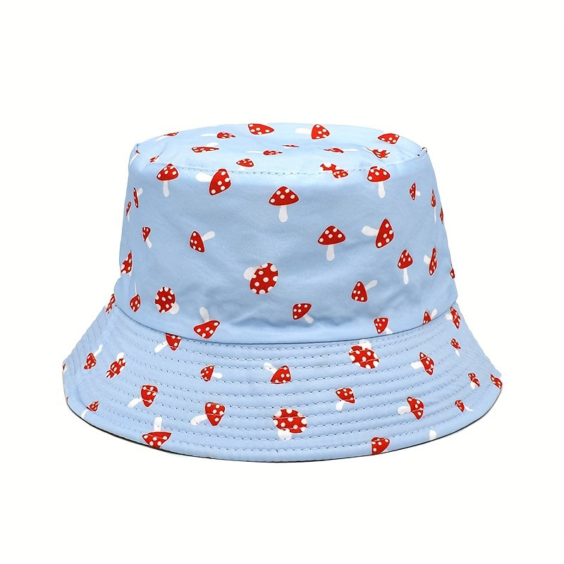 Red Mushroom Print Bucket Hat Solid Reversible Fisherman Cap
