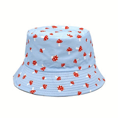 Red Mushroom Print Bucket Hat Solid Reversible Fisherman Cap