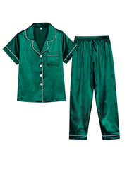 Kid's 2pcs Soft Pajamas Short Sleeve Top & Pants Set Solid Loungewear