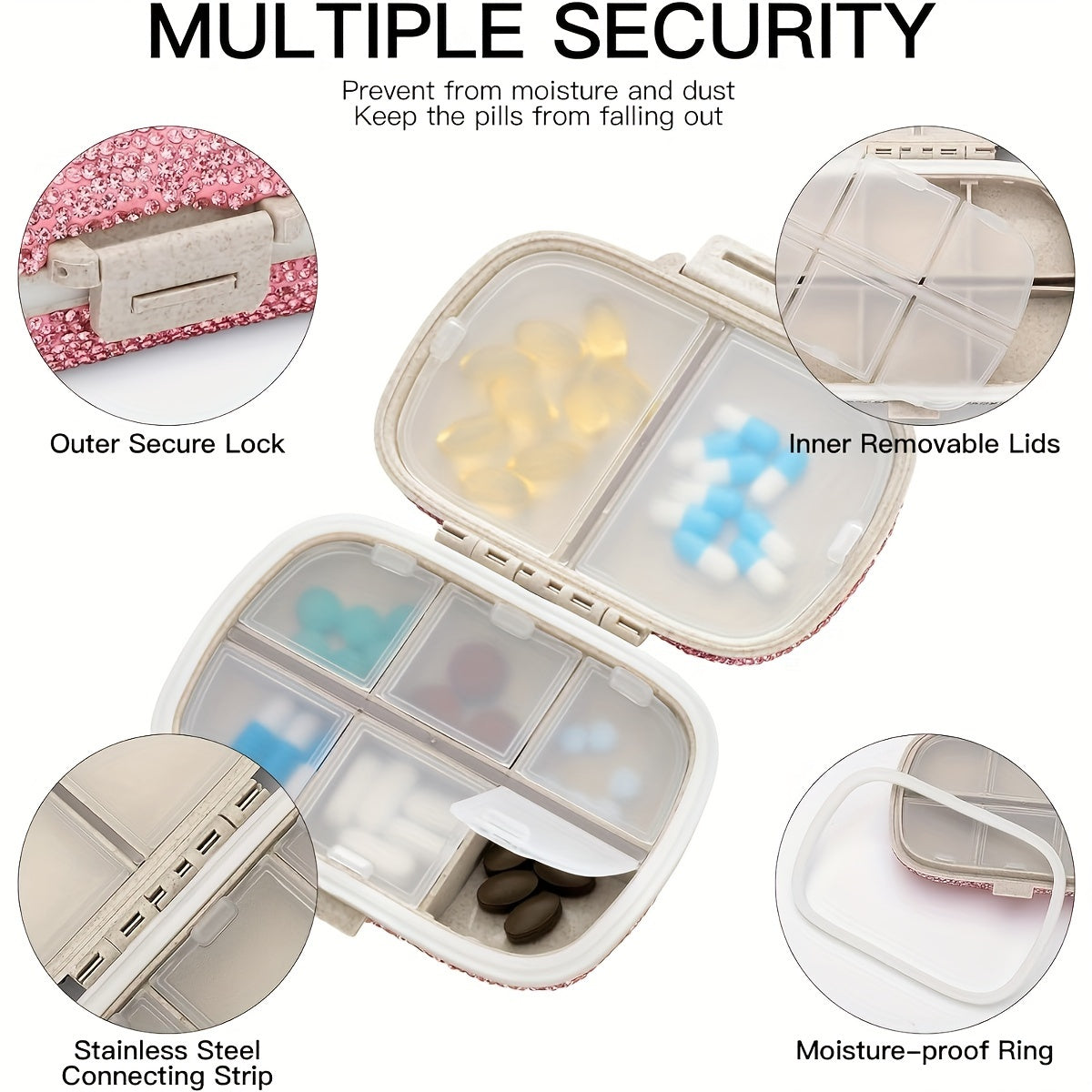8 Compartment Pill Organizer with Diamond Travel Medicine Case 1 Pack