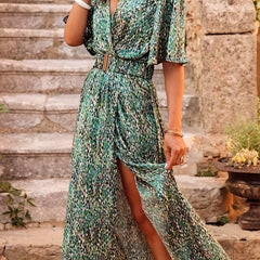 Boho V Neck Split Dress Short Sleeve