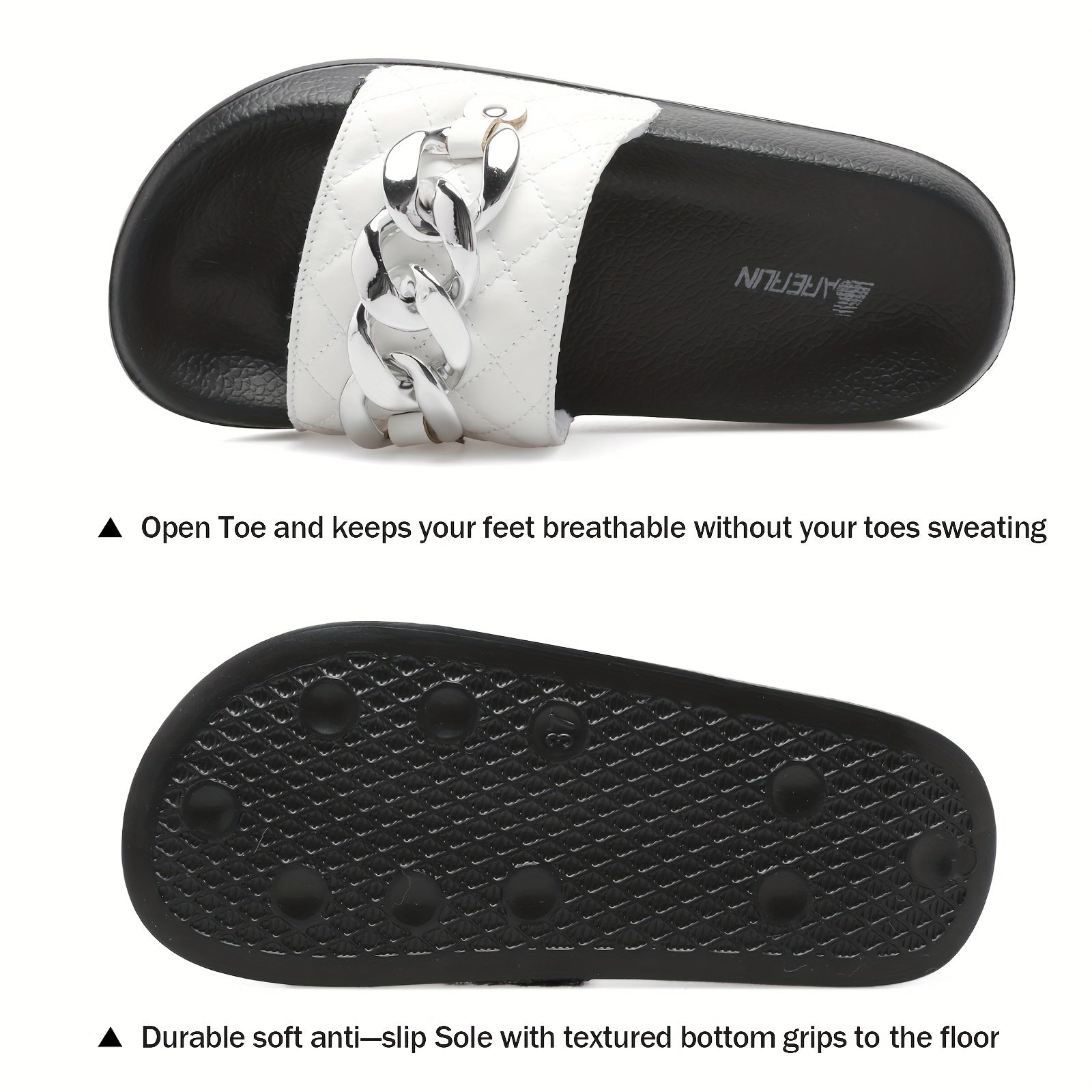 Women's Chain Decor Quilted Slide Shoes, Arch Support Sandals