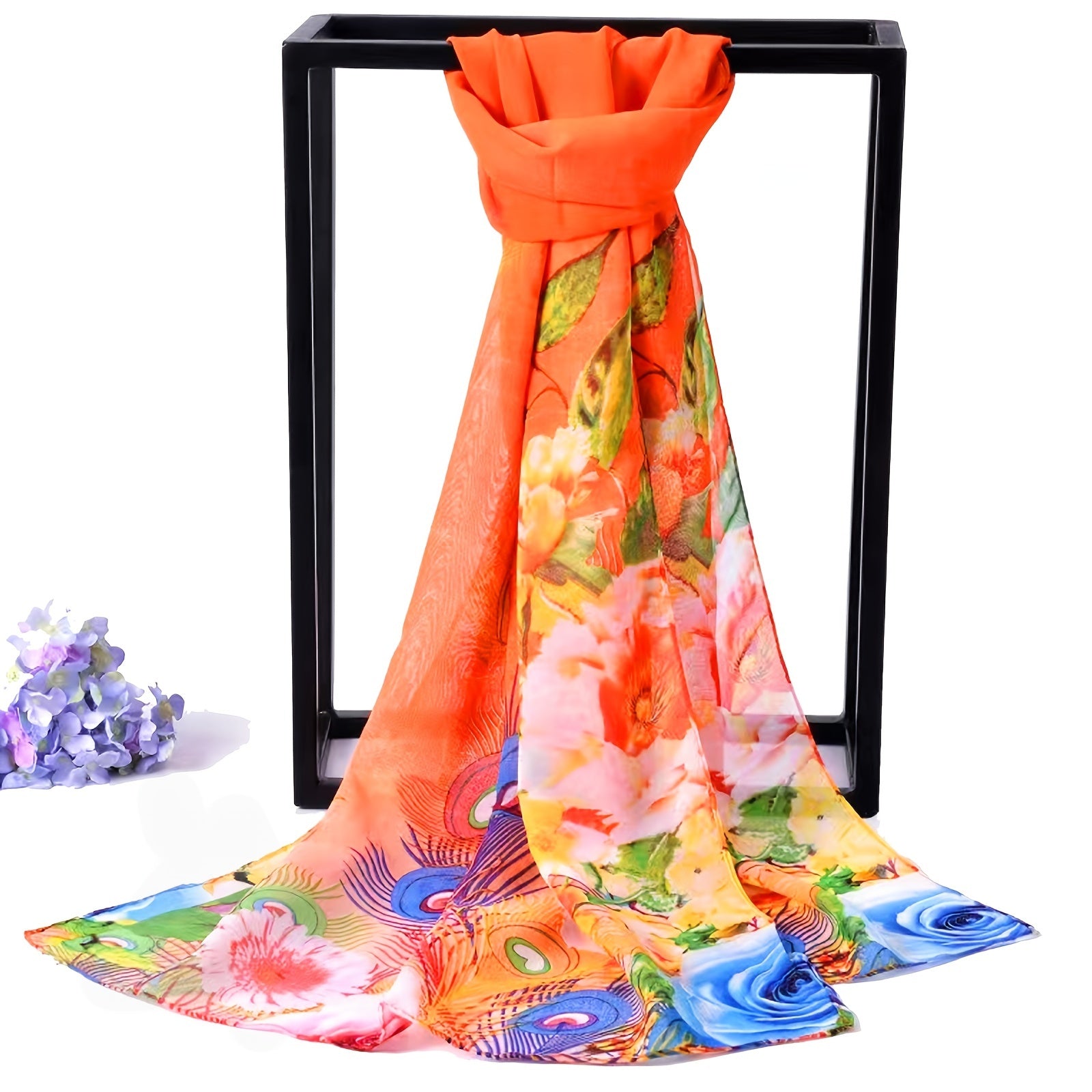 Peacock Print Chiffon Scarf for Women