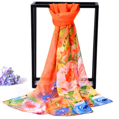 Peacock Print Chiffon Scarf for Women