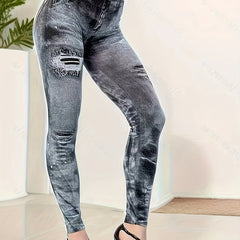 Casual Denim Print Leggings High Rise Stretch Leggings