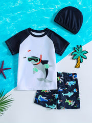 Boys Cartoon Shark & Dinosaur Swim Suit Set with Trunks, Tops & Cap