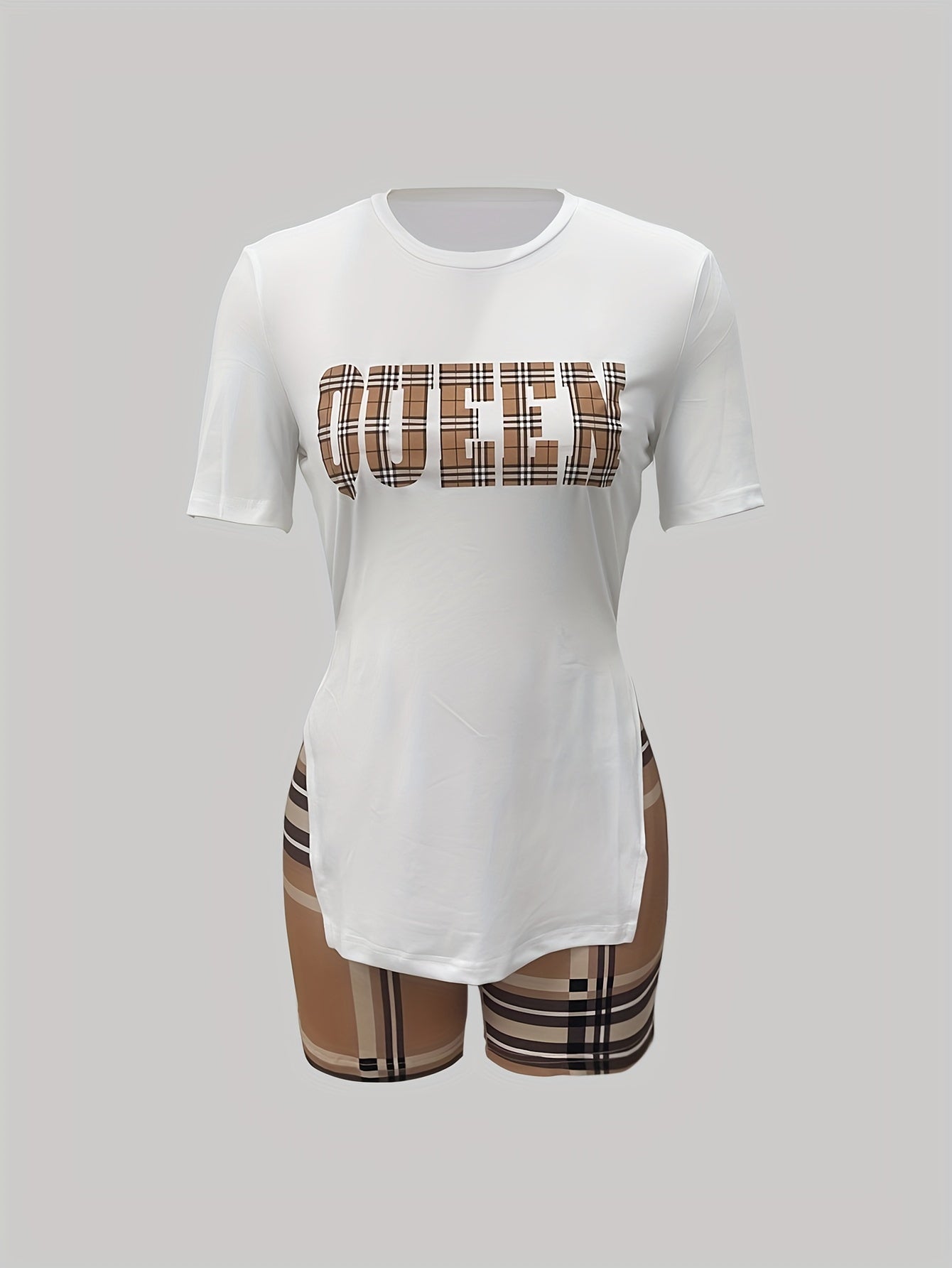 Queen Print Tee & Plaid Shorts Set Casual Spring Summer Outfits