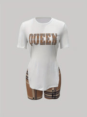 Queen Print Tee & Plaid Shorts Set Casual Spring Summer Outfits
