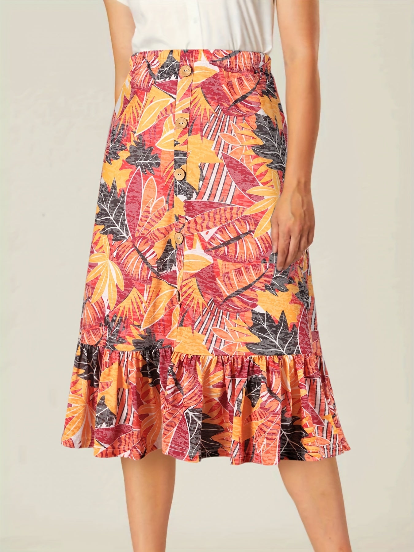 Floral Print High Waist Skirts Ruffle Trim Button Front Bag Hip Skirts