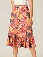 Floral Print High Waist Skirts Ruffle Trim Button Front Bag Hip Skirts