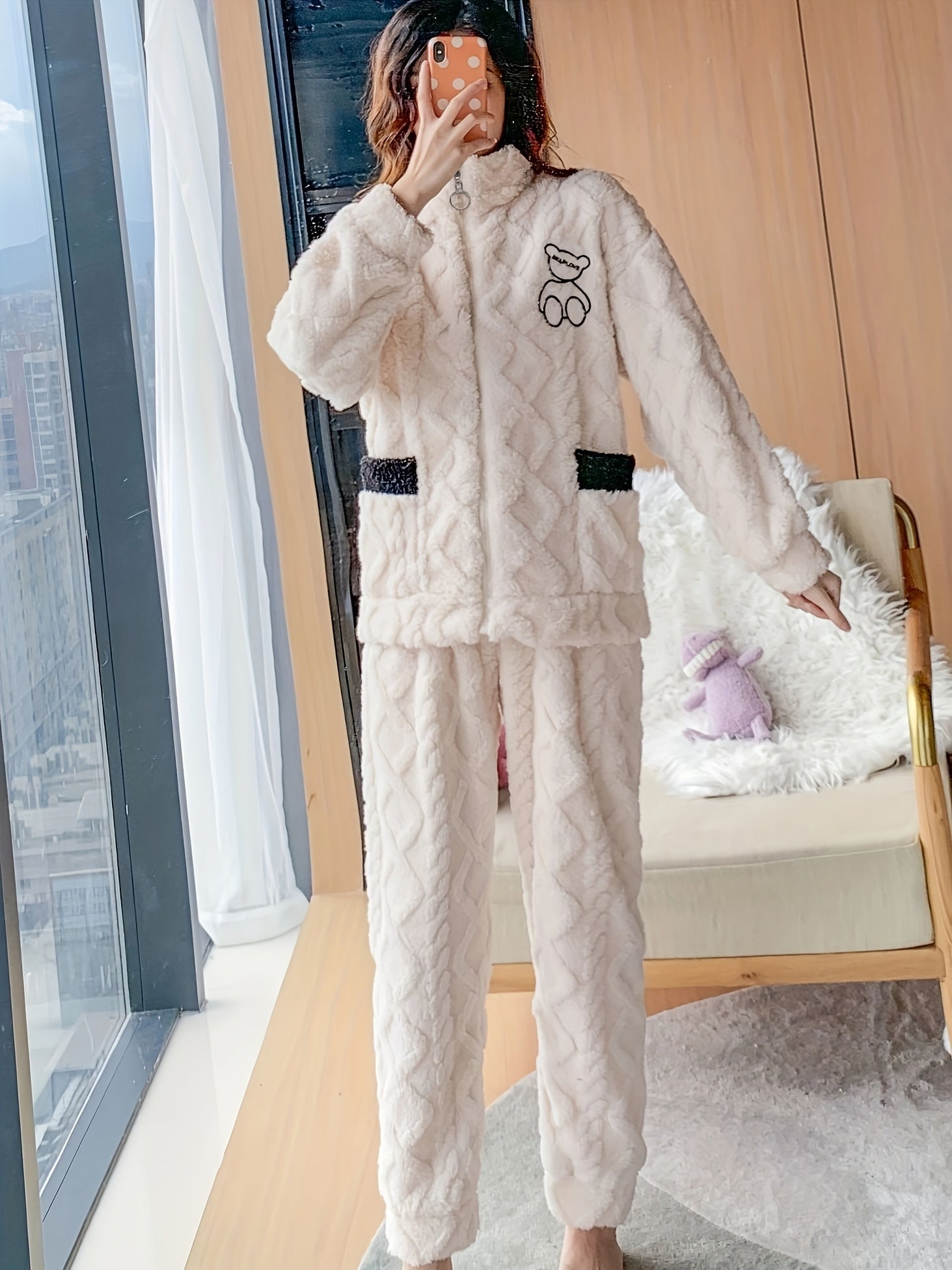 Bear Print Lounge Set Long Sleeve Zipper Fuzzy Top & Pants