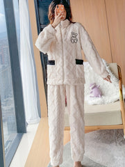 Bear Print Lounge Set Long Sleeve Zipper Fuzzy Top & Pants