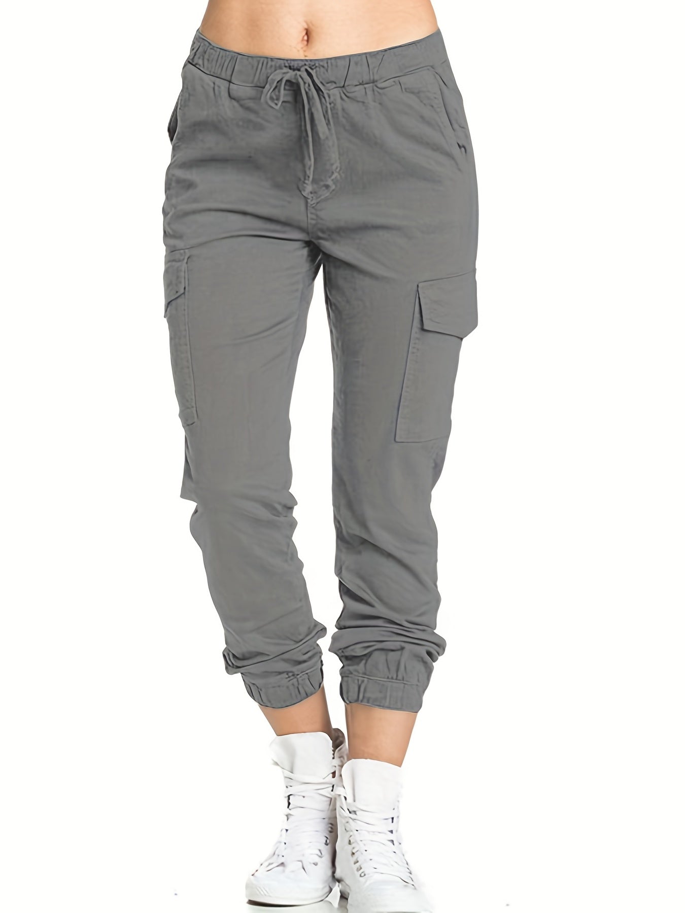 Y2K Solid Cargo Pants Elastic Waist Long Length With Pockets