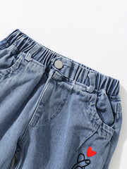 Toddler Girls Heart Graphic Casual Denim Pants Trousers