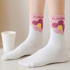 5 Pairs Floral Print Socks Breathable Mid Tube Stockings