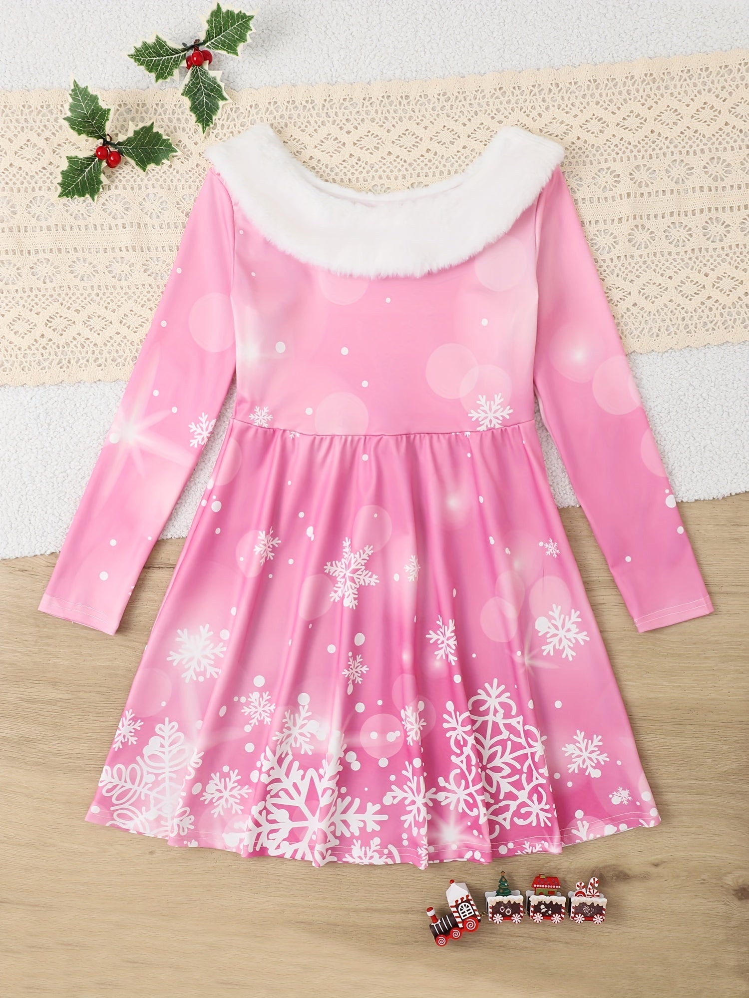 Girls Snowflake Graphic Long Sleeve Dress For Spring Fall Christmas Gift Party
