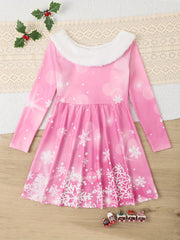 Girls Snowflake Graphic Long Sleeve Dress For Spring Fall Christmas Gift Party