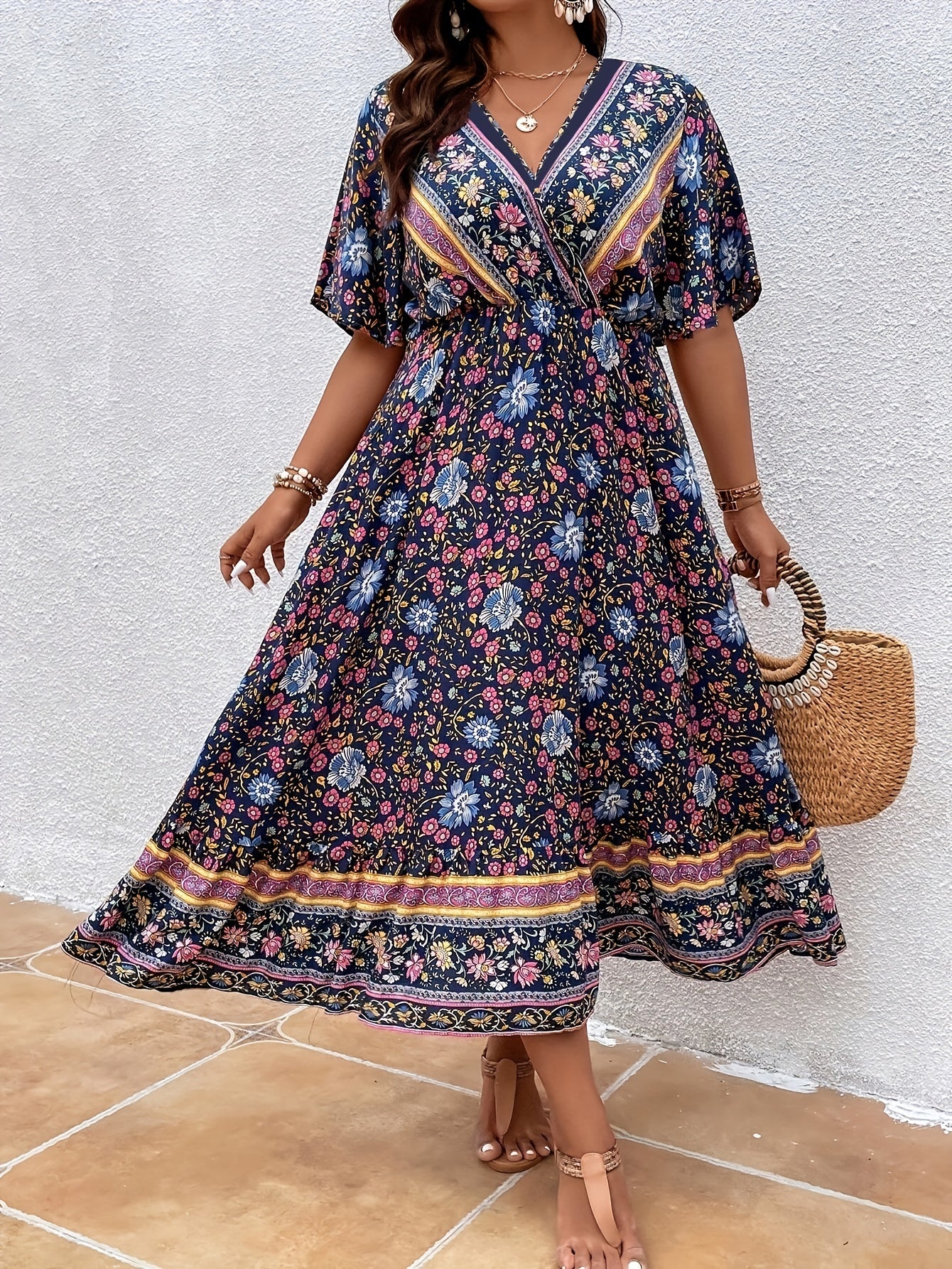 Boho Dress Women's Plus Floral Print Short Sleeve Dress