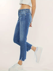 Plus Washed Button Fly Fringe Trim High Stretch Straight Leg Jeans