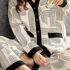 Geometric Print Pajama Set with Long Sleeve Top & Elastic Waistband Pants