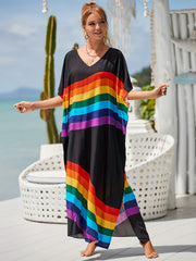 Women's Plus Rainbow Stripe Bat Sleeve V Neck Slight Stretch Cover Up Dress