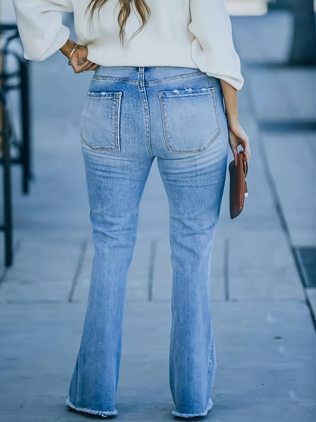 Raw Trim Button Fly High Rise Medium Stretch Skinny Flare Leg Jeans