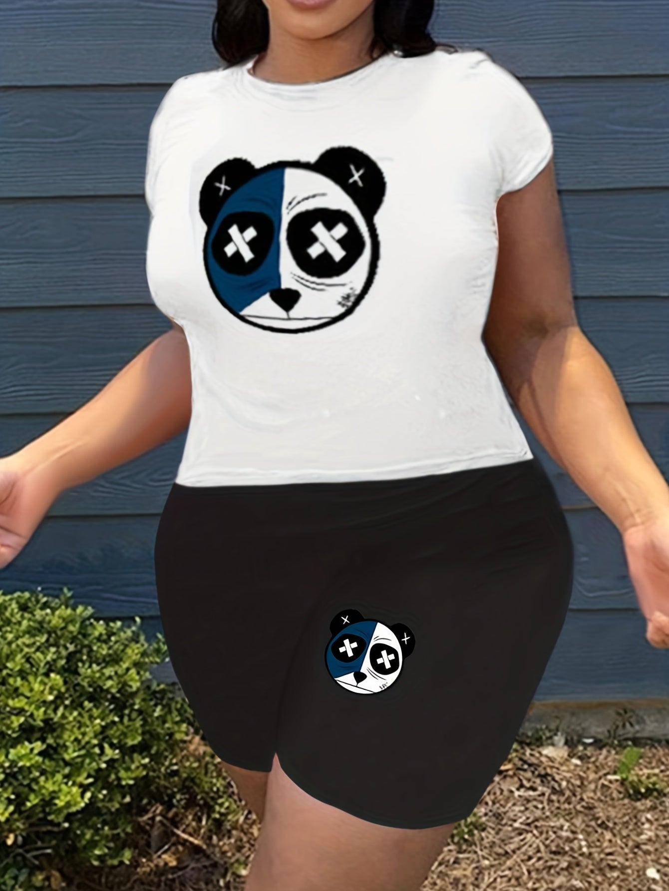 Cartoon Bear Print Two piece Set Short Sleeve Tops & Workout Shorts