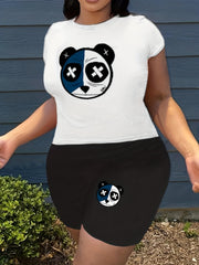 Cartoon Bear Print Two piece Set Short Sleeve Tops & Workout Shorts