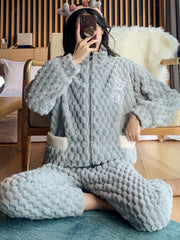 Bear Print Fuzzy Lounge Set Long Sleeve Zipper Top & Pants