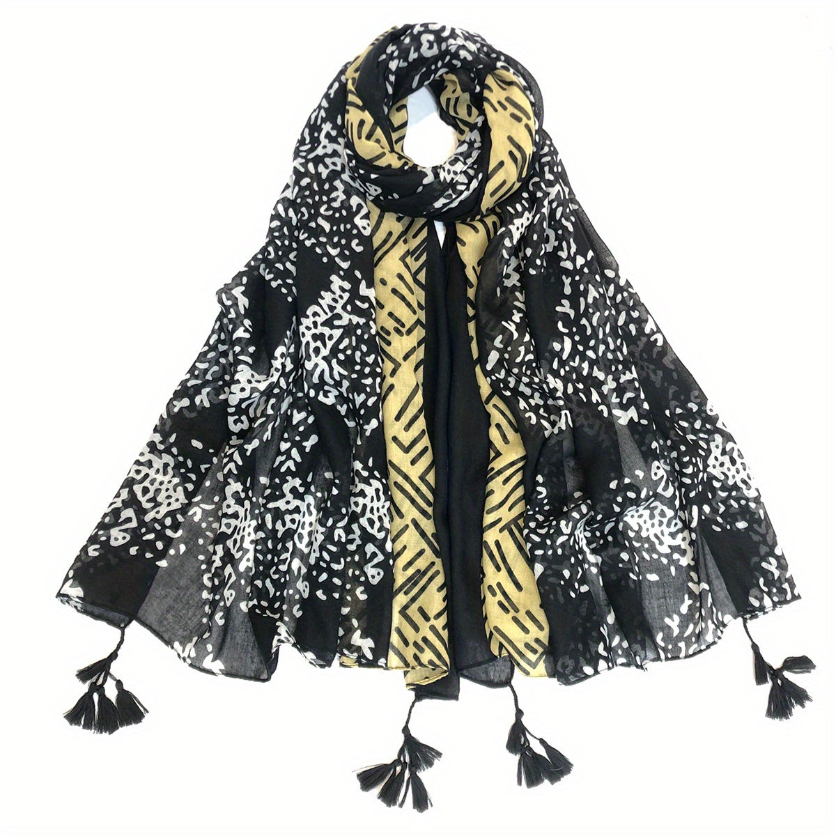 Vintage Block Scarf Dotted Print Tassel Shawl