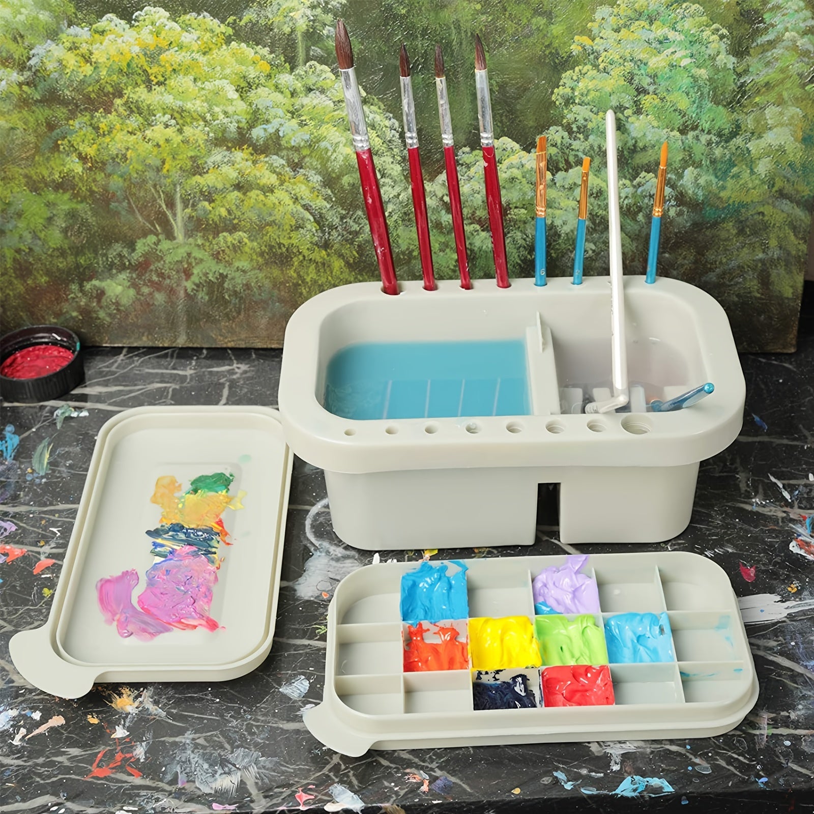 3pcs Paint Brush Cleaner Set with Palette Grey