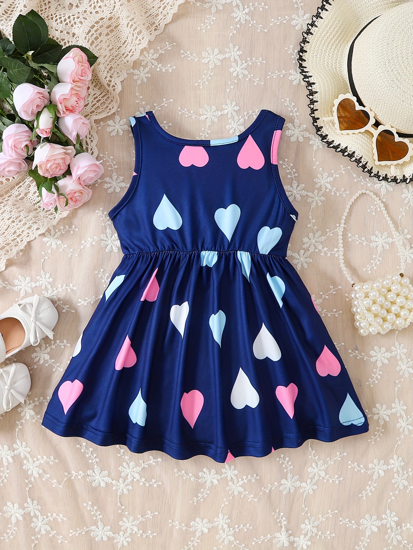 Heart Love Sleeveless Pleated Dress Baby Girls Casual Dress